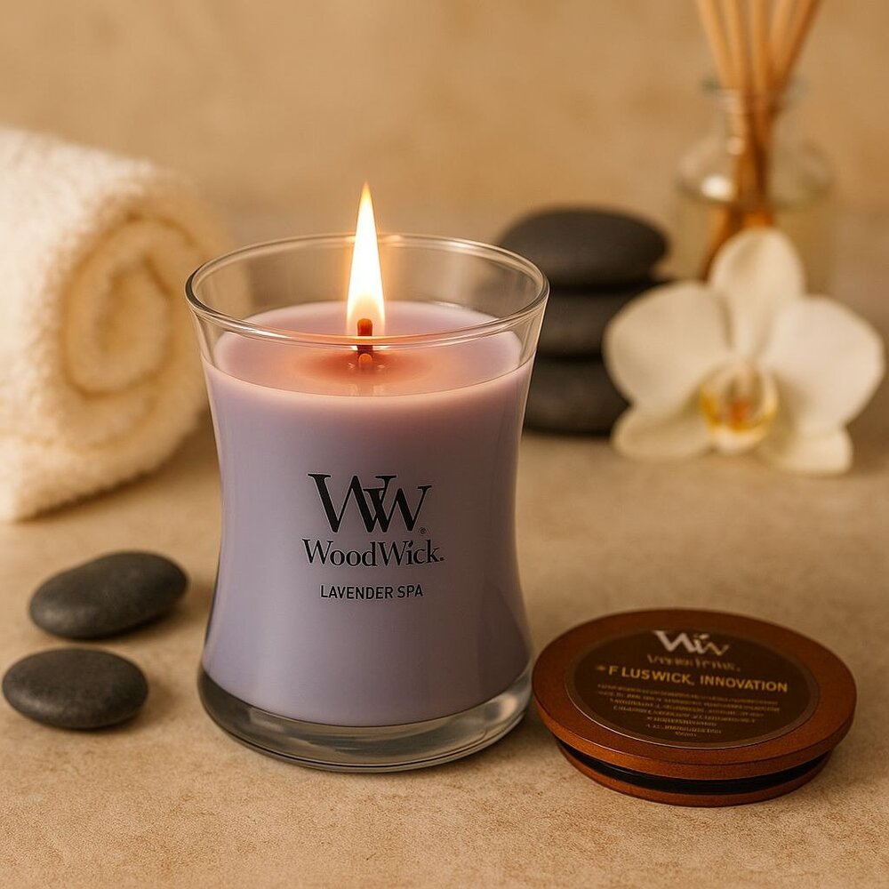WoodWick Lavender Spa Candle 9 Oz Crackles as it Burns Wooden Lid Purple Jar